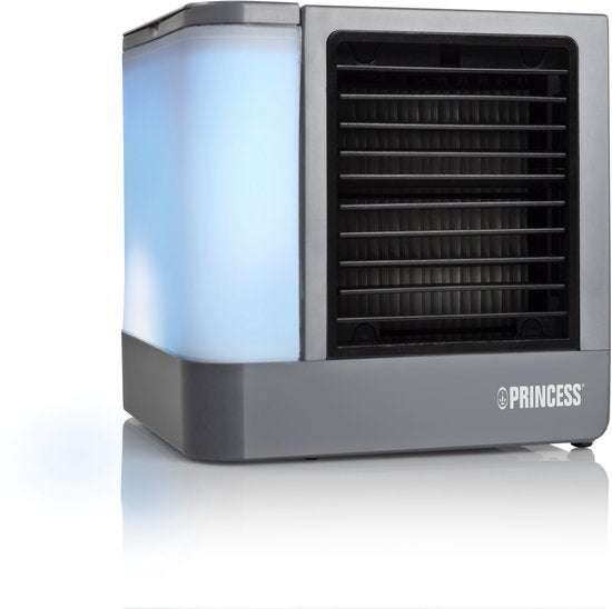 Princess 355500 Premium Mini-Luftkühler 14,2 x 14,2 x 14,8 cm – Tragbare Klimaanlage für Schreibtisch und Schlafzimmer – Luftkühler mit USB-C-Anschluss, LED-Beleuchtung in 7 Farben, herausnehmbarer Wasserverdunstungsfilter, persönlicher Kühler, kompakt fü