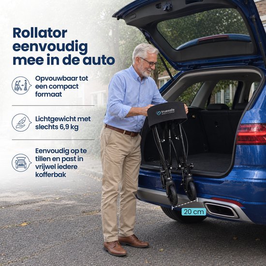 TrueSafe Rollator, leicht und zusammenklappbar (6,9 kg) – Für drinnen und draußen – Inkl. ergonomischem Sitzkissen, Beleuchtung, Rückenlehne, Gehstockhalter und mehr – Schwarz