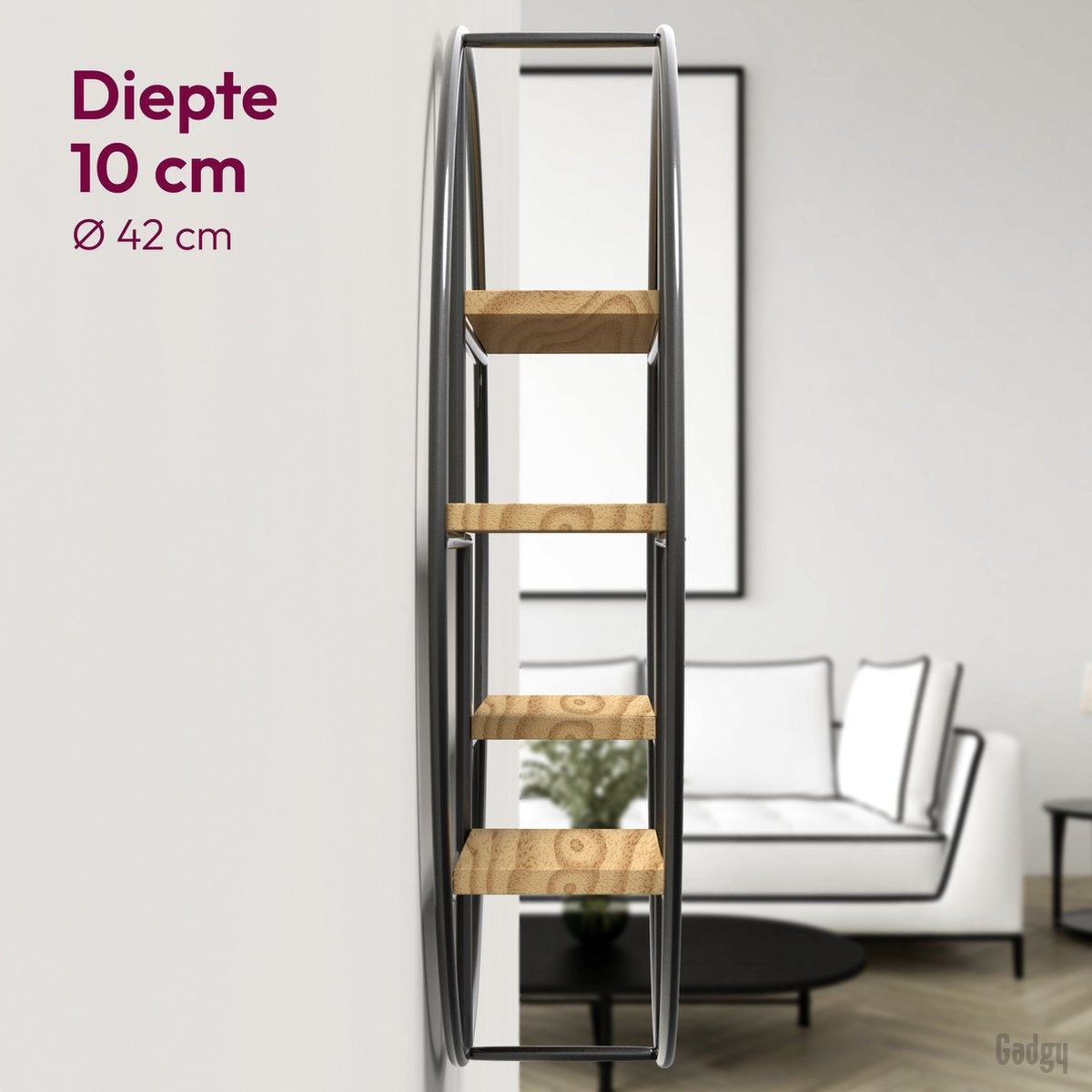 Gadgy - Wandregal Industrial - Rund mit 4 Holzböden - Ø 42x10 cm - schwarz/Holz
