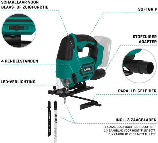 VONROC Accu-Stichsäge 20V - 4 Pendelpositionen - Schnittwinkel einstellbar von -45° bis 45° - LED-Arbeitsleuchte - Vakuum- und Blasfunktion - Inkl. 3 Sägeblätter - Exkl. Akku und Ladegerät