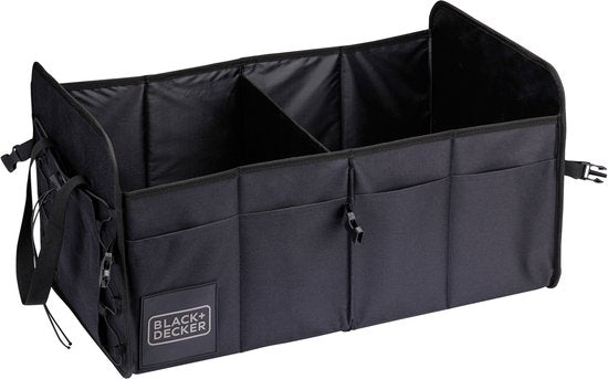 BLACK+DECKER Kofferraum-Aufbewahrungsbox – 59 x 36 x 30 cm – 2 Fächer – Zusätzliche Seitentaschen – Mit Griffen – Schwarz
