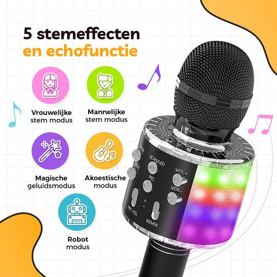 AyeKids 5-in-1 Karaoke-Mikrofon - Drahtlos & Bluetooth - Eingebauter Lautsprecher & Disco-Lichter - Inkl. AUX-Kabel - Mikrofon Kinder - Karaoke-Set - Schwarz