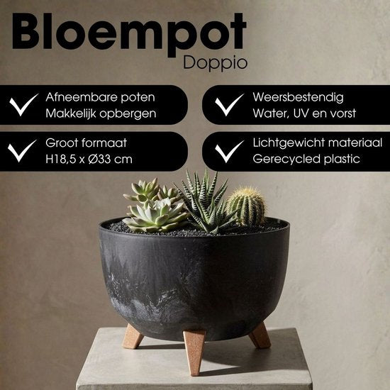 Mica Decorations Doppio Pflanzkübel auf Füßen – 18,5 x Ø 33 cm – Pflanzkübel für den Außenbereich – Blumenkästen für den Balkon – recycelter Kunststoff – Schwarz