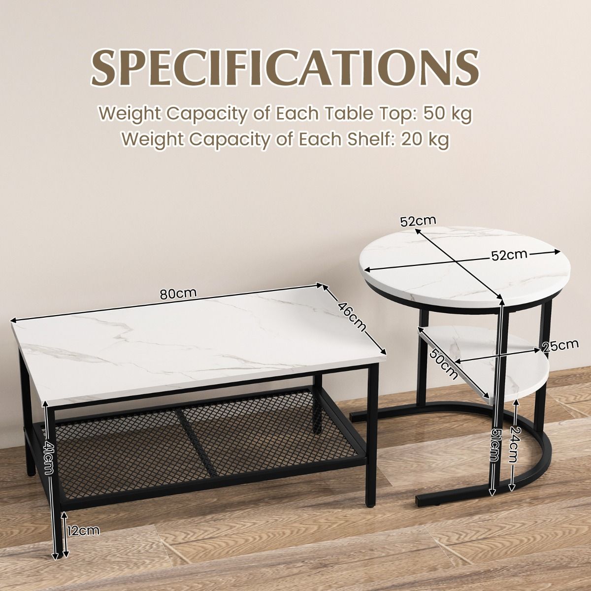 Coast Beistelltisch-Set – Couchtisch und Beistelltisch – Tischplatte in Marmoroptik – schwarz und weiß