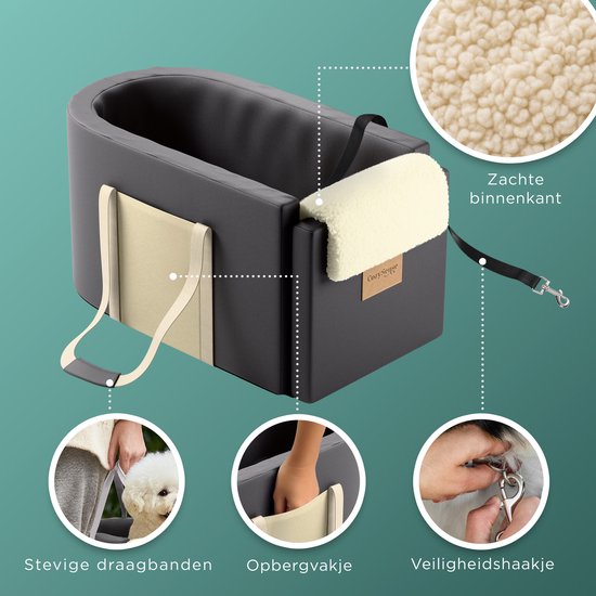 CozySense® Hundeautositz - Hundekorb Auto mit waschbarem Bezug - Für kleine Hunde - Passt in die Mittelkonsole - Auch als Tragetasche - Schwarz/Beige
