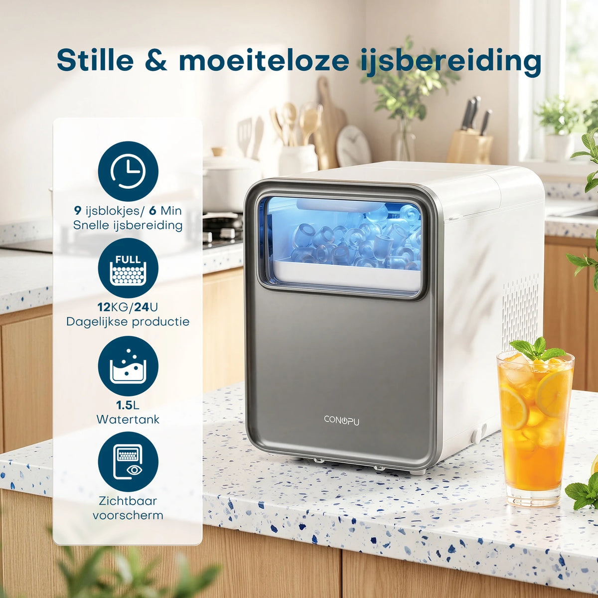 CONOPU Eiswürfelmaschine – Selbstreinigend, 9 kugelförmige Eiswürfel in 6–8 Minuten, 2 Eiswürfelgrößen, 12 kg/Tag, 1,5 l, leise & kompakt – 35 × 23 × 30 cm, eisblau