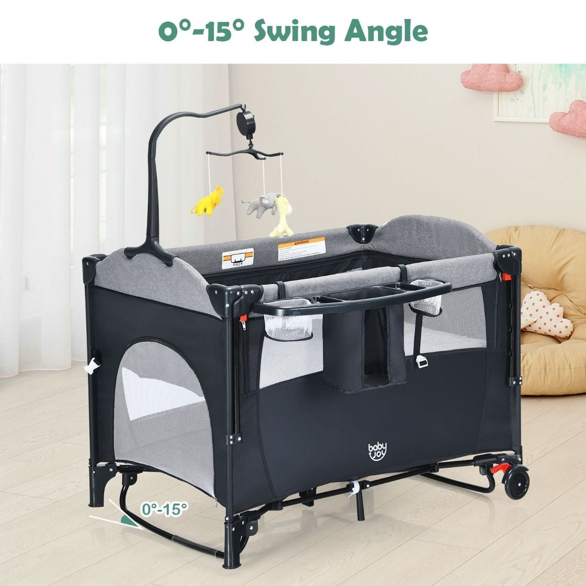 Coast Babybett - 5-in-1 Design - in 4 Höhen - Mobil - 76 x 109 x 83 cm - Schwarz