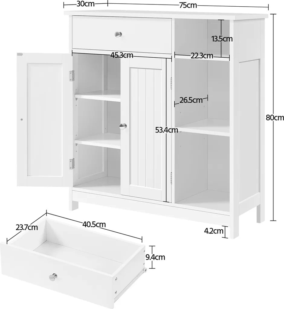 Yaheetech Badezimmerschrank 75 x 30 x 80 cm – Weiß – Aufbewahrungsschrank mit Schublade, Tür und verstellbaren Einlegeböden