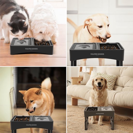 Vulpes Goods Pets - Futter- und Trinknapf Hund mit Ständer - Slow Feeder - Anti Spill and Chew - 4 Höhen - Schwarz