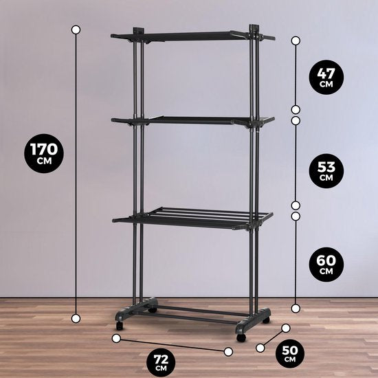 Vonia Wäscheständer - Wäscheständer - Trockenturm - Wäscheturm - 3 Lagen - faltbar - 72x50x172 cm - Schwarz