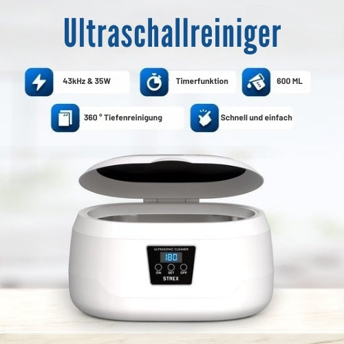 Strex - Ultraschallreiniger - Reinigungsgerät für Brillen/Schmuck/Uhren/Münzen - 600ml - 360° - Weiß