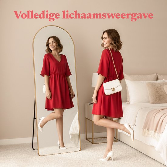 Fraay Pass Mirror 160x55cm - Stehend & hängend - Minimalistischer Wandspiegel - Stehspiegel - Gebürstetes Gold