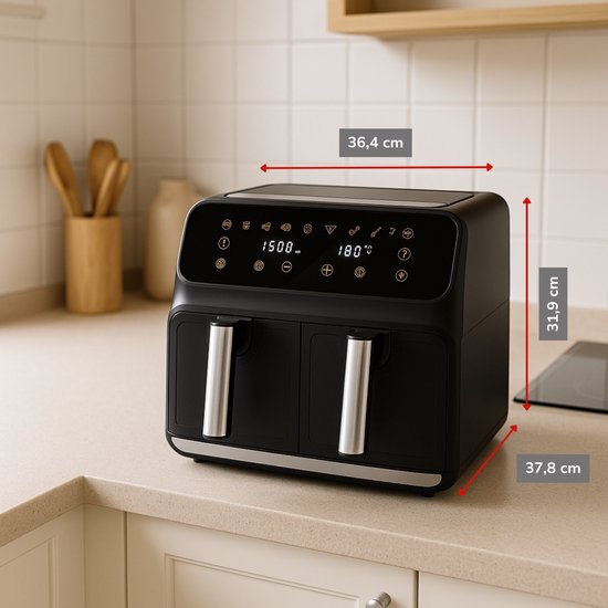 alpina Doppel-Airfryer XXL – Heißluftfritteuse 2x4 l – Airfryer mit digitalem Touchscreen – Heißluftofen für 6 Personen und mehr – 8 Kochprogramme – Sync-Modus – Timer-Funktion