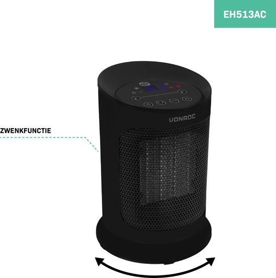 VONROC Elektroheizung - Heizlüfter - 1200W/1800W - Keramik - 3 Einstellungen - Thermostat - Timer - LED-Anzeige - Swing-Funktion - inkl. Fernbedienung - 20m2