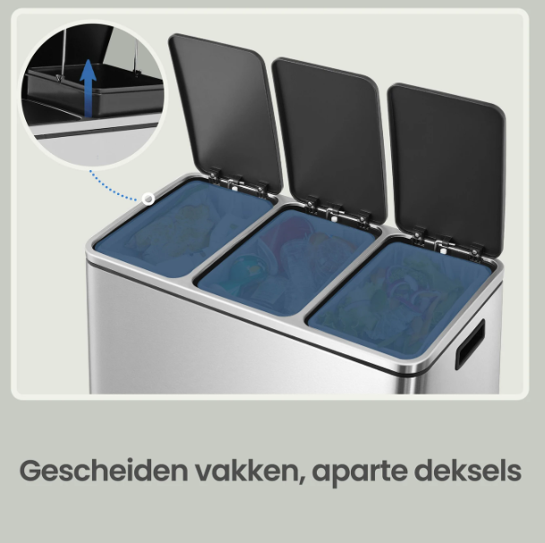Joyfurnos Abfallbehälter mit 3 Fächern, 3 × 18 l – Silber & Schwarz – 61 × 31,5 × 55,5 cm