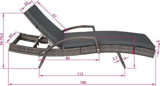 tectake - Sonnenliege aus Korbgeflecht - Verstellbare Rückenlehne (5 Positionen) - Inkl. Liegekissen mit waschbarem Bezug - grau - Poly-Rattan