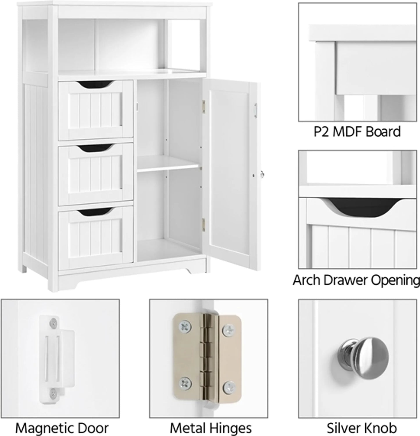 Yaheetech Badezimmerschrank Weiß - Verfügt über 3 Schubladen und Schrank mit verstellbarem Regal und offener Lagerung - Für Wohnzimmer und Schlafzimmer - Weiß Mdf und Metall - 55,5 x 29,5 x 86,5 cm