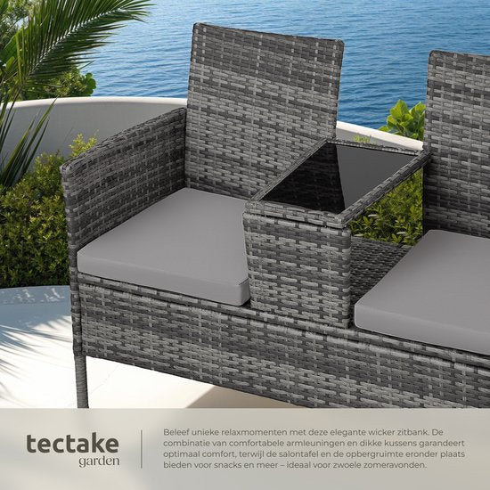 tectake - Geflecht-Gartenbank mit Tisch, 2-Sitzer-Bank, 131 x 61 x 82 cm, Bank für Gartenbalkon und Terrasse, Gartenbank inklusive Sitzkissen - grau/hellgrau - Poly-Rattan