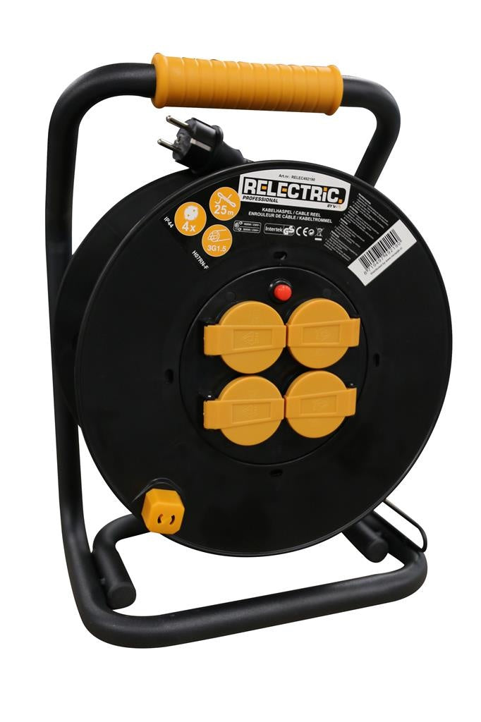 Relectric Kabeltrommel - 25m - 4 Steckdosen - 3000W - Mit Aufrolltaste - Perimeter Erdung - Für den Außeneinsatz