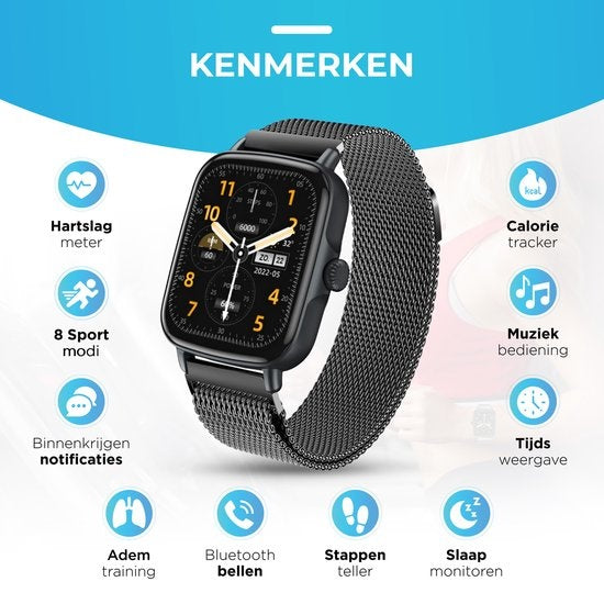 AyeWay Smartwatch - Stahlband - Wasserdicht & Touchscreen - 70 Sportmodi - Mit App - Smartwatch Männer & Frauen - Schwarz