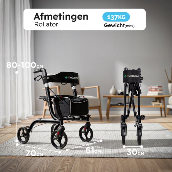 Medzone Rollator leicht und faltbar - für drinnen und draußen - Sitzfunktion - Rückenlehne und Gehstockhalterung - Schwarz