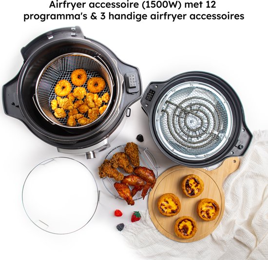 Multikocher mit Airfryer - 15-teiliges Set - 6L - 24 Automatikprogramme - Slow Cooker, Reiskocher, Dampfgarer, Schnellkochtopf - Grau - von Saaf
