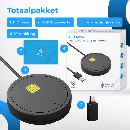 Nuvance ID-Kartenlesegerät – eID-Lesegerät Belgien – Für belgische Personalausweise, Bankkarten und Firmenausweise – USB-Kartenlesegerät