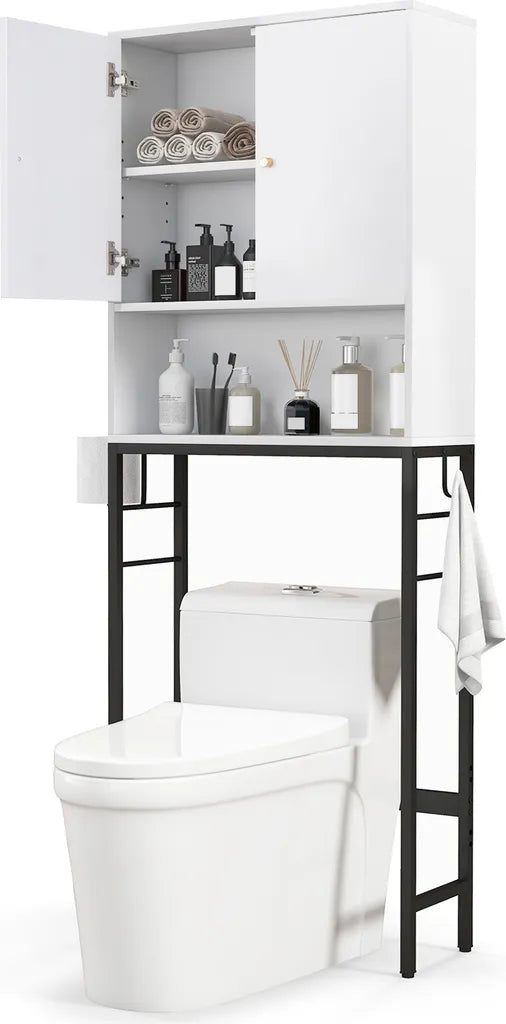 COSTWAY Freistehender Toilettenschrank - mit Ablagefächern, Türen und Haken - 63 x 23 x 165,5 cm - Weiß