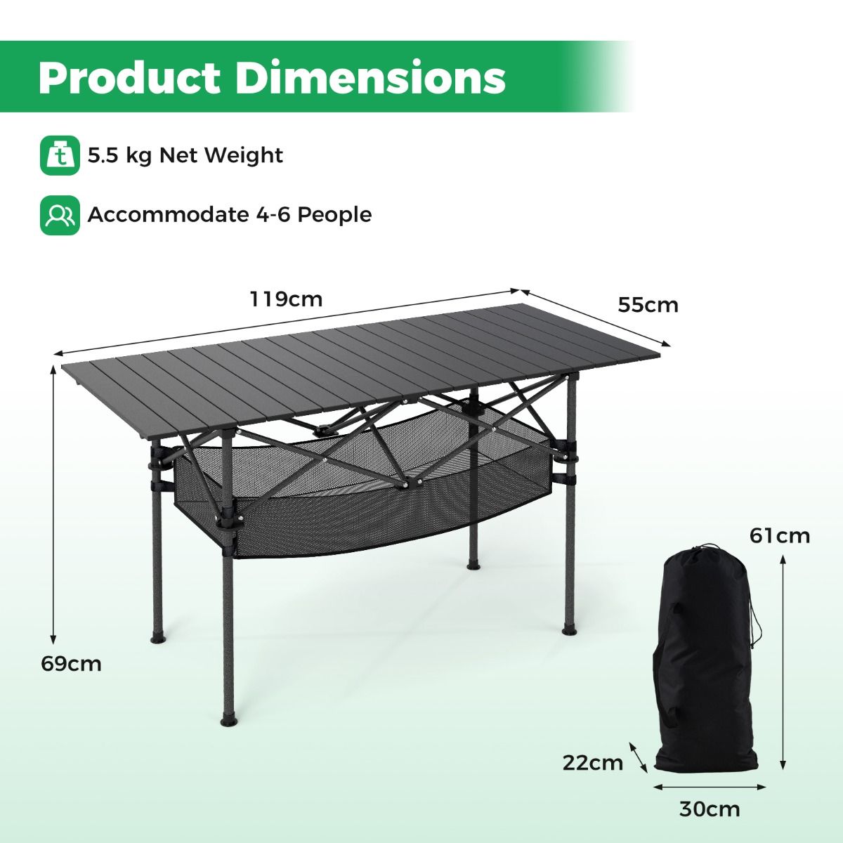 Coast Klappbarer Campingtisch – Aufrollbare Tischplatte aus Aluminium – Mit Netzkorb – Schwarz 119 x 56 cm