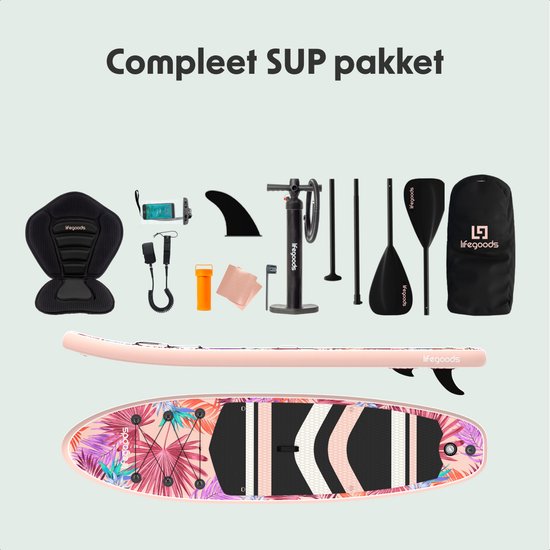 LifeGoods PaddlePro SUP Board - mit Sitz - Aufblasbares Paddle Board - Komplettset - Max. 150KG - 320x81cm - Tropisches Rosa