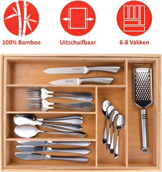 alpina Ausziehbarer Besteckeinsatz 34-56,5cm x 46 x 6cm - Besteckschublade - 6 bis 8 Fächer - Bambus
