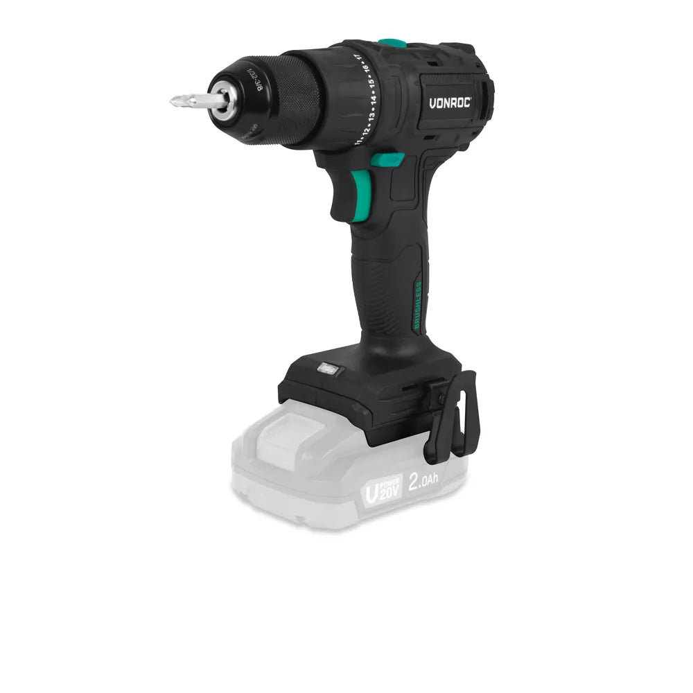 VONROC PRO Akkubohrmaschine 20V - 40 Nm - Bürstenloser Motor - 17 Schraubmodi + Bohrmodus - Inkl. 2 Bits - Ohne Akku und Schnellladegerät