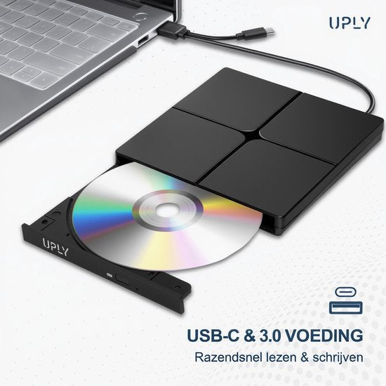 UPLY Externer DVD-Player - Windows und Mac - USB C und USB 3.0 - Externer DVD-Player für Laptop - Externer DVD-Player und Brenner - CD