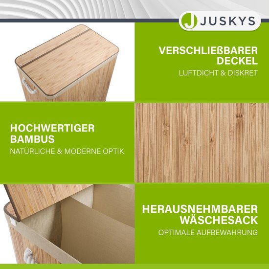 Juskys Bambus-Wäschekorb Curly Natural 150L - Hygienischer Wäschekorb mit Deckel, Tragegriff & Wäschesack - 3 Fächer - Natürliche Bambusoptik