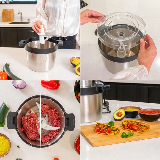 AoraKitchen - Zerkleinerer - Elektrisch - 5 Liter - 2000W - 4 Edelstahl-Messer