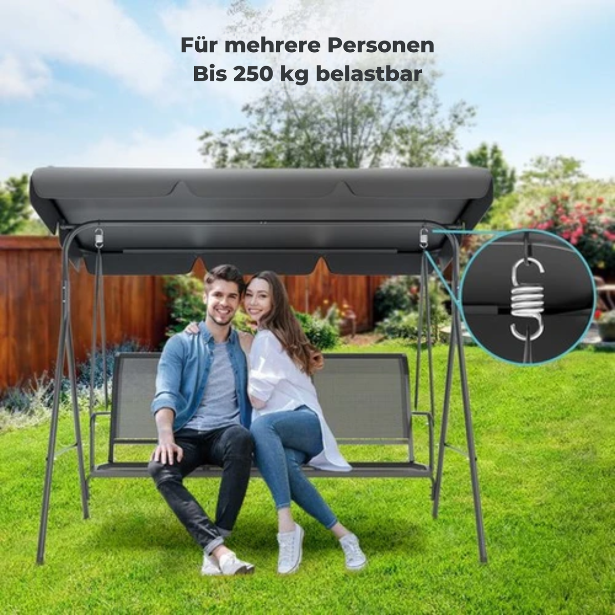 LifeGoods Schaukelbank - 3-Sitzer - Bis zu 250KG - Kippbares Dach - UV-beständiger Sonnenschirm - 172x104x162cm - Grau