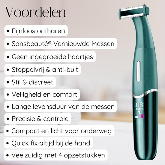 4-in-1 Bikini Trimmer + Reisetasche - Sansbeauté® - Gesicht - Achseln - Beine - Bikinizone - Augenbrauentrimmer - Gesichtshaarentfernung Damen - Intimzone - Ladyshaves Bikini - Epilierer elektrisch