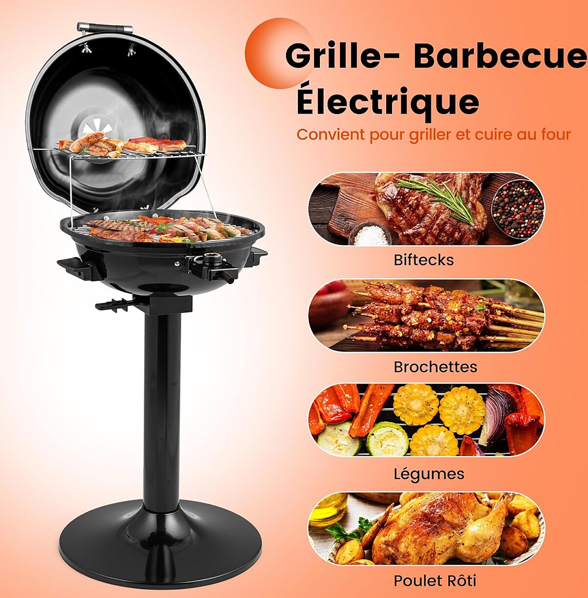 GrillMaster Elektrogrill 1600 W – 44 cm Grillrost – Schwarz/Rot – 52 x 44 x 82 cm