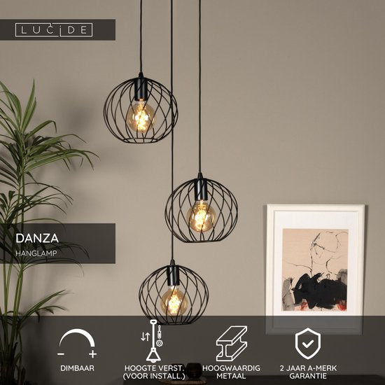 Lucide DANZA – Hängeleuchte – Ø 50 cm – 3xE27 – Schwarz