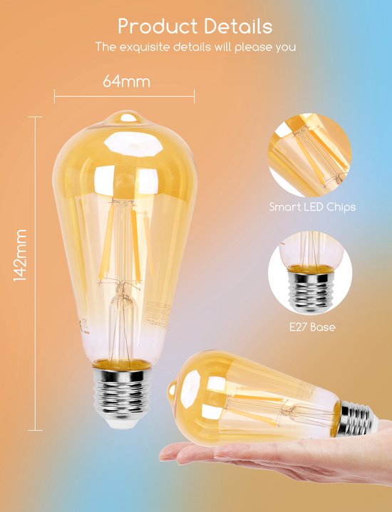 Aigostar 10YIE – ST64 – Intelligente Beleuchtung – Leuchtmittel E27 – Ø 6,4 cm – Steuerung per App – Dimmbar – Smart Bulb – 6 W