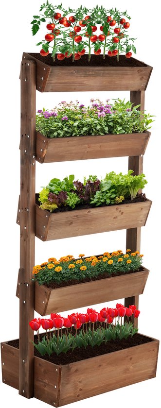 tectake® Vertical Garden Flora - Mit 5 Pflanzgefäßen für Blumen, Kräuter oder Gemüse - Braun - 81 x 52 x 180 cm - Gärtner für den Nutzgarten - Kippbare Blumenkästen aus lackierter Kiefer - Inklusive Vlies/Wurzeltuch - Wetterfest und stabil