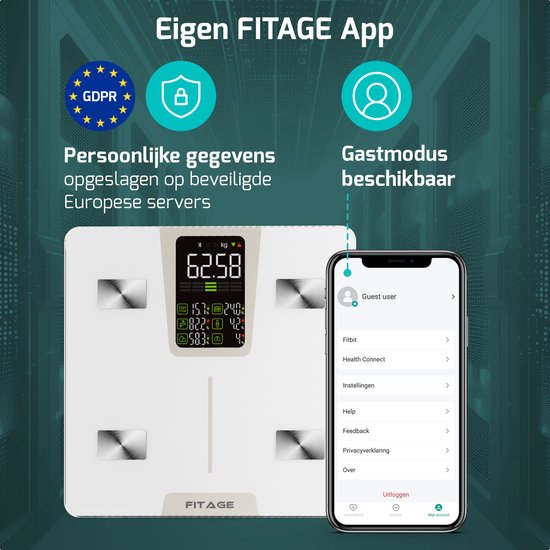 FITAGE LED-Waage Weiß - Personenwaage Digital - Intelligente Waage mit 17x Körperanalyse - Waagen - FITAGE App