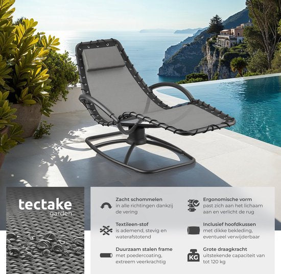 Tectake - Liege Toulon - Ergonomisch - mit Schaukelfunktion - Verstellbar - mit Kopfkissen und bequemen Armlehnen - 120kg belastbar - Grau