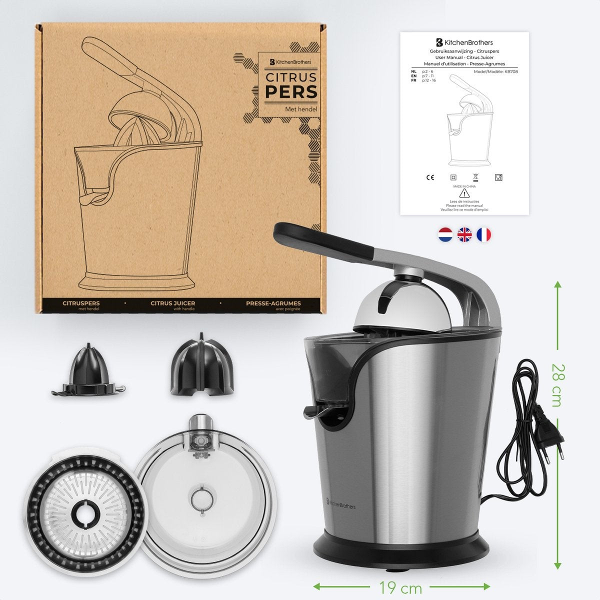 KitchenBrothers Elektrische Zitruspresse - Orangen- und Zitronenpresse - 160W - Edelstahl - Schwarz