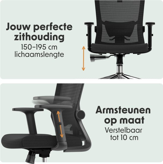 LifeGoods Ergonomischer Bürostuhl - Bürostuhl - NEN und SGS zertifiziert - Erwachsene - Kopfstütze - Schwarz/Chrom