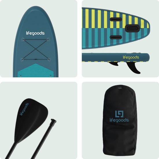 LifeGoods SUP Board All-round Compact - mit Sitz - 100 KG Tragfähigkeit - 300 x 76 cm - Aufblasbar - Komplettes SUP Paket - Cyan/Dunkelgrün