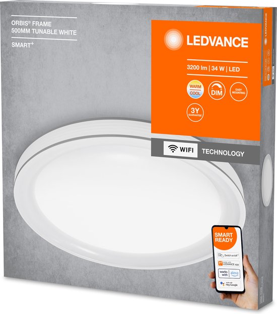 Ledvance Smart WiFi Deckenleuchte Orbis Frame – Ø 49,5 cm – 32-W-LED-Panel mit „Tunable White“ und Dimmfunktion – Weiß