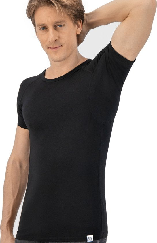 Anti-Sweat-Shirt - Fibershirts® - eingenähte Achselpads - Unterhemd - Schwarz - Rundhalsausschnitt - Herren - Größe L