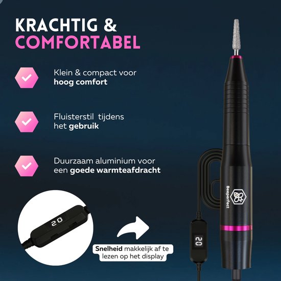 Beeperfect® Elektrische Nagelfeile - Nagelfräse - Maniküre- und Pediküreset - 12 Bits und 60 Schleifrollen - 4 Extra-Zubehör - Schwarz