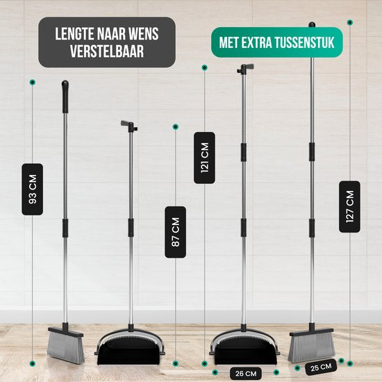 Avalo Kehrschaufel und Bürste mit langem Stiel - Verstellbar 87-127cm - Integrierte Reinigungszähne - Schwarz